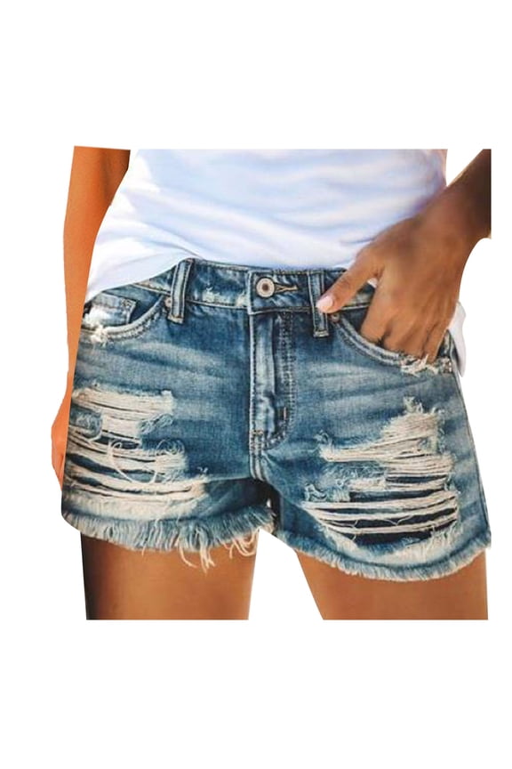 Women's Stretch Ripped Denim Shorts Mid Waist Button Zip Shorts Casual Frayed Hem Distressed Jean Shorts with Pockets