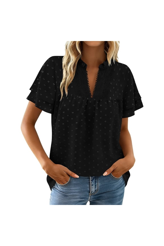 Womens Summer Boho Tops V Neck Pleated Blouses Dressy Casual Flowy Swiss Dot Ruffle Short Sleeve Shirts