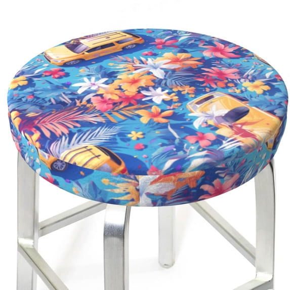 yellow car colorful flower Round Bar Stool Seat Covers, Elastic Round Chair Cover Stool Seat Slipcover Bar Stool Cushions Round Pad for 12-14 inch