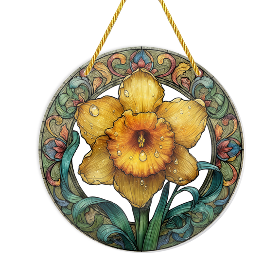 yellow iris floral patterns circular frame Water ripple Acrylic suncatcher design, 8x8in. IndoorOutdoor Decoration for St Paddy's Gift.