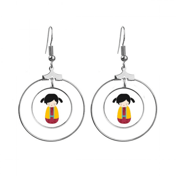 yellow kimono japan doll art earrings dangle hoop jewelry drop circle