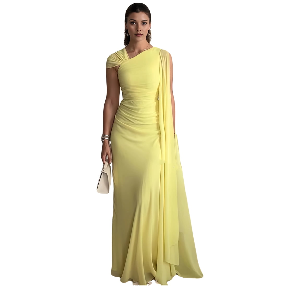 open lace back dress GAYLE One-Shoulder Chiffon Fitted Gown