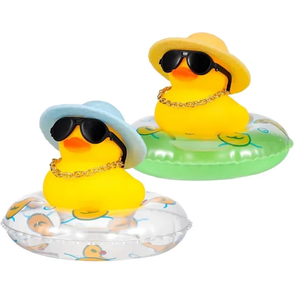 yellow rubber ducks for the dashboard, car decoration with sunglasses, swimming rings