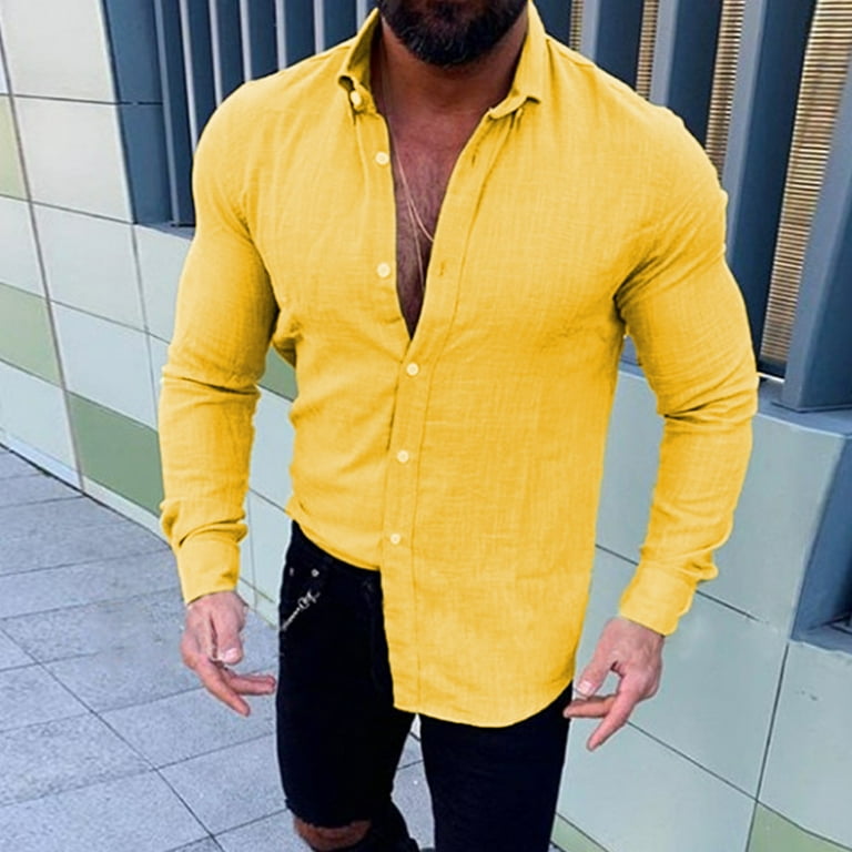 yellow shirts for men men's casual solid slub cotton shirt long sleeve slim  single turn-down collar shirt