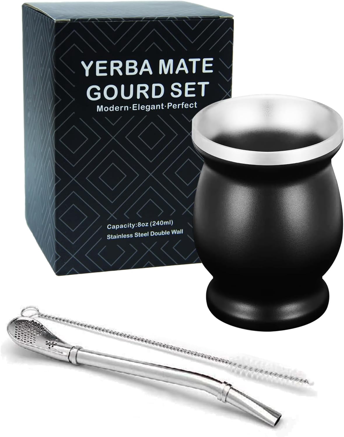 8 Oz Yerba Mate Cup, Stainless Steel Mate Tea Cup Set With Straw Brush Straw Spoon Flat Straw And Lid Insulated Yerba Mate Teacup Coffee Water Mate Cup Yerba Mate