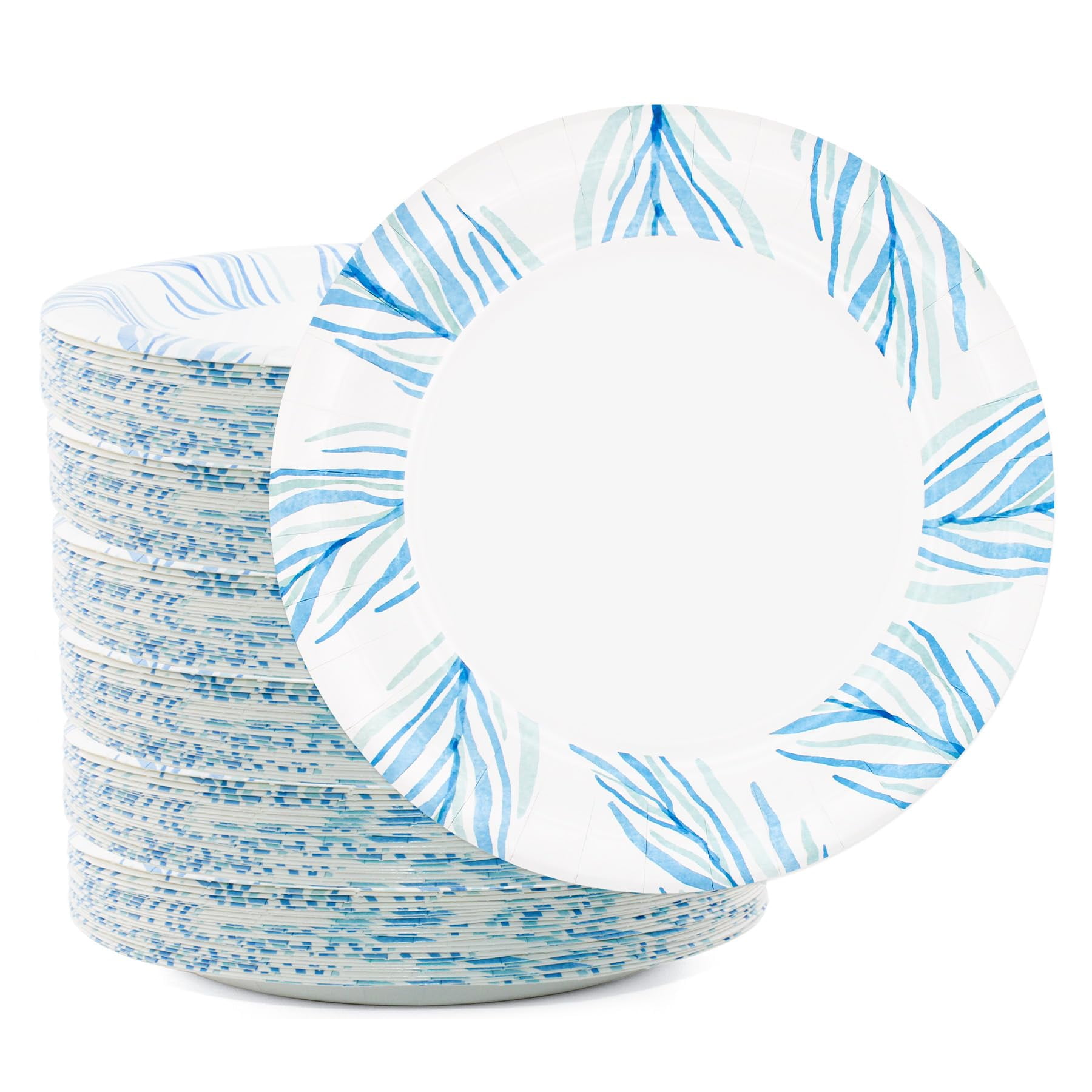 yesbox 10-Inch Decorative Disposable Paper Plates AFN1- Blue Feather Design, Sturdy and Eco-Friendly, Pack of 150 for Parties and Gatherings