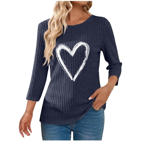 yievot 3/4 Sleeve Shirts for Women Fall Clothes Tunic Tops Heart Printed Loose Dressy Crewneck Lightweight Pullover Sweaters