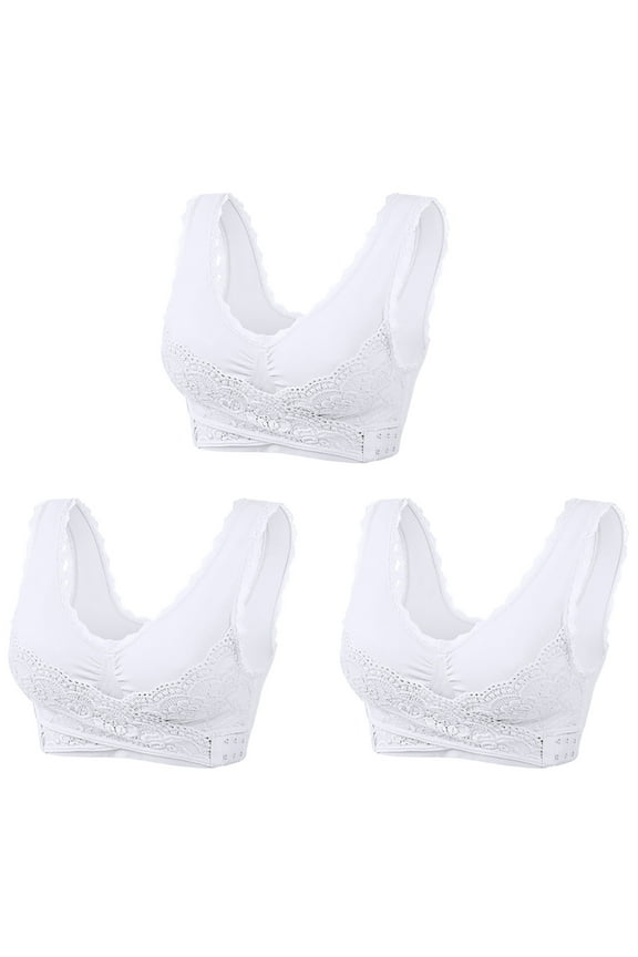 3 Pack Bras for Women Embroidered Wireless Bra, Front Cross Side Buckle Wireless Lace Bras, Comfort Everyday Bra