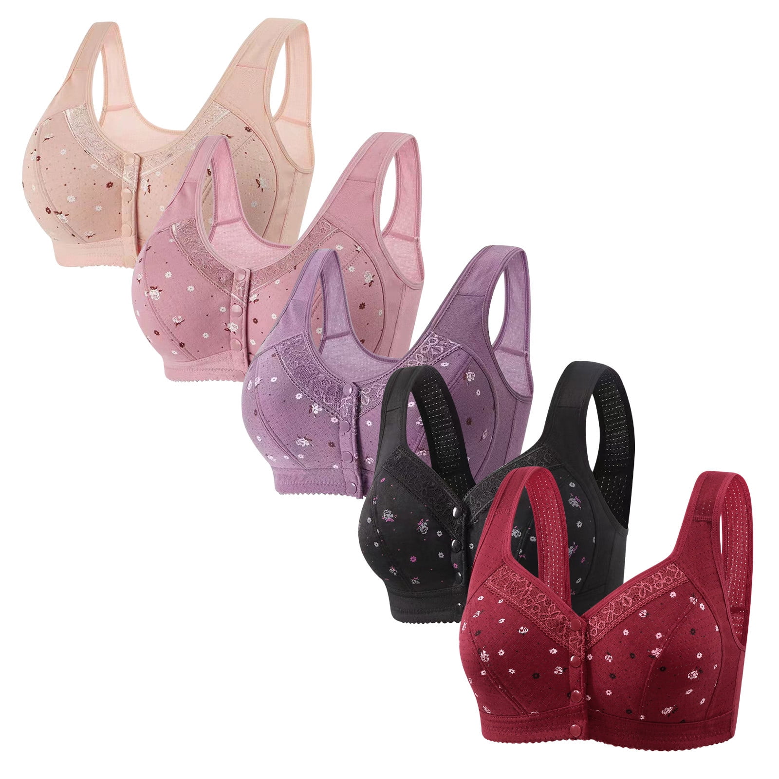 yievot 5 Pack Front Closure Bras for Womens Bras Front Snaps Seniors Snap Front Bra Older Women Comfort Everyday Bras Wireless Push Up Bra