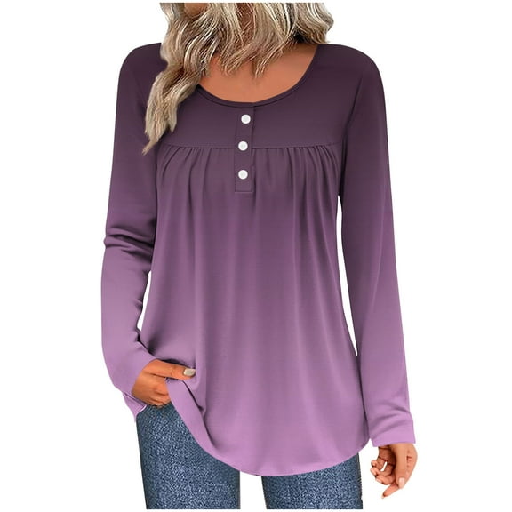 yievot Fall Tops for Women Long Sleeve Shirts Button Crew Neck Casual Blouses Dressy Pleated Tunics Trendy Clothes