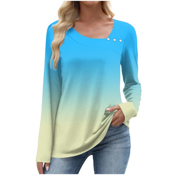 yievot Long Sleeve Shirts for Women Fall Dressy Blouses Asymmetric Square Neck Tunic Tops Buttons Trendy Clothes