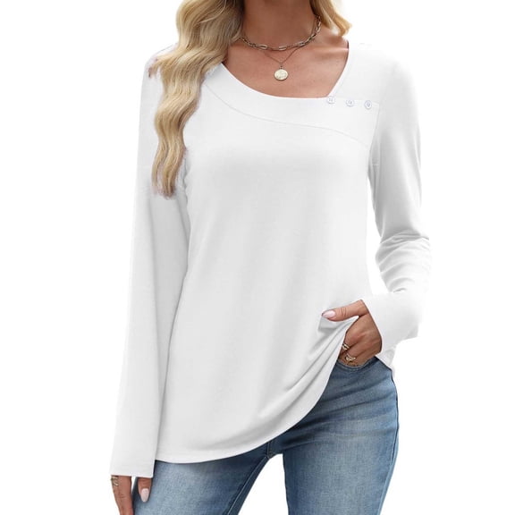 yievot Long Sleeve Shirts for Women Fall Dressy Blouses Asymmetric Square Neck Tunic Tops Buttons Trendy Clothes