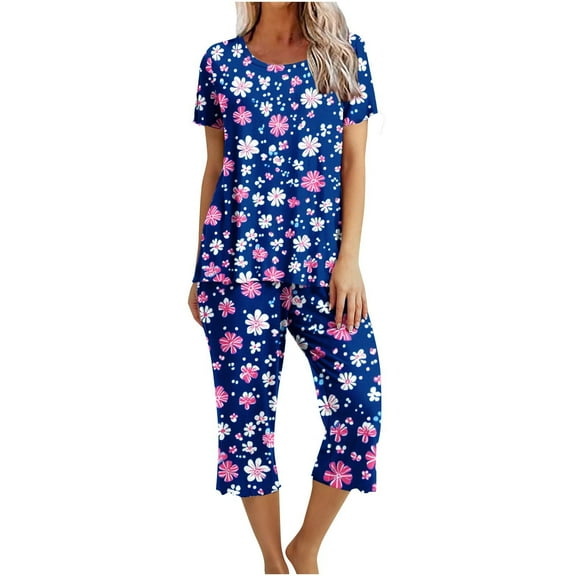 yievot Lounge Sets for Women Floral Printed Short Sleeve Shirts and Capri Pajamas Sets 2 Piece Sleepwear Loungewear
