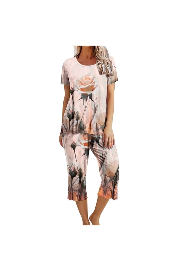 Lounge Sets for Women Floral Printed Short Sleeve Shirts and Capri Pajamas Sets 2 Piece Sleepwear Loungewear