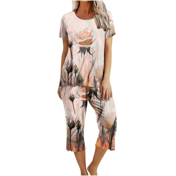 yievot Lounge Sets for Women Floral Printed Short Sleeve Shirts and Capri Pajamas Sets 2 Piece Sleepwear Loungewear