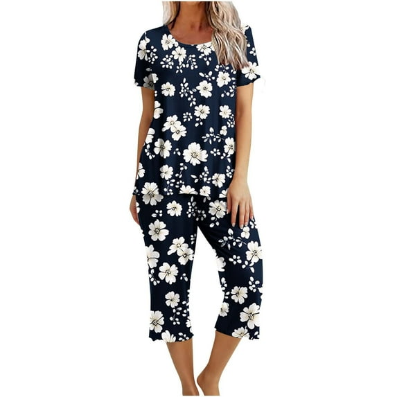 yievot Lounge Sets for Women Floral Printed Short Sleeve Shirts and Capri Pajamas Sets 2 Piece Sleepwear Loungewear