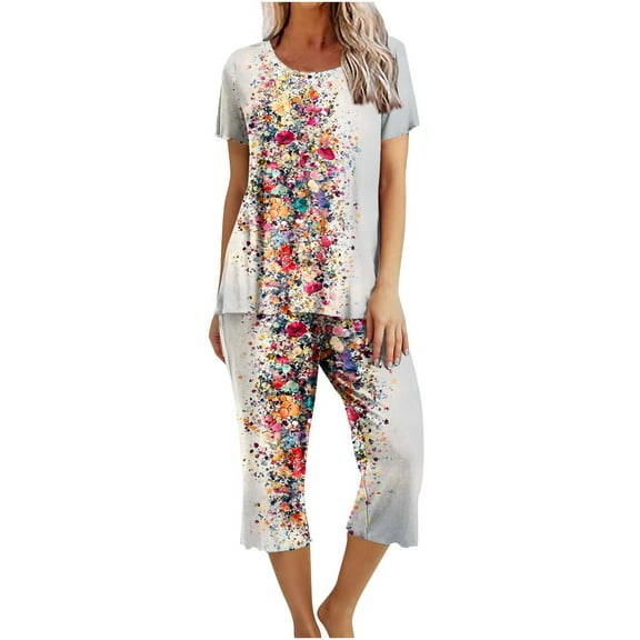 yievot Lounge Sets for Women Floral Printed Short Sleeve Shirts and Capri Pajamas Sets 2 Piece Sleepwear Loungewear