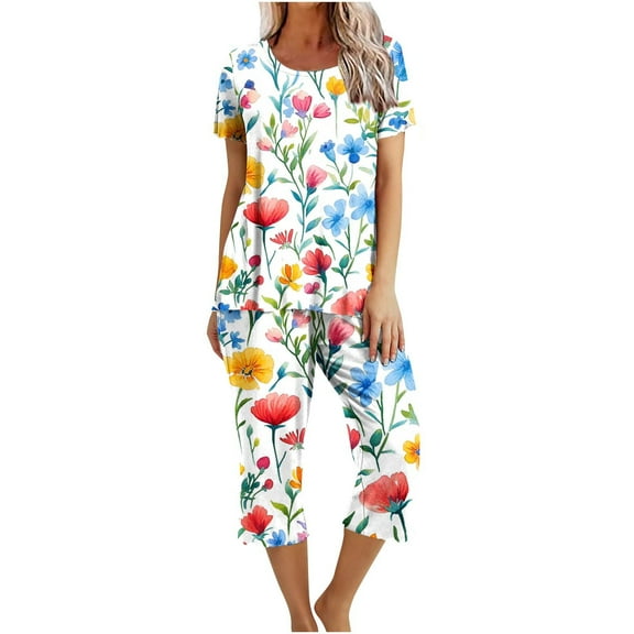yievot Lounge Sets for Women Floral Printed Short Sleeve Shirts and Capri Pajamas Sets 2 Piece Sleepwear Loungewear