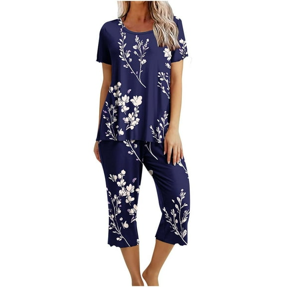 yievot Lounge Sets for Women Floral Printed Short Sleeve Shirts and Capri Pajamas Sets 2 Piece Sleepwear Loungewear