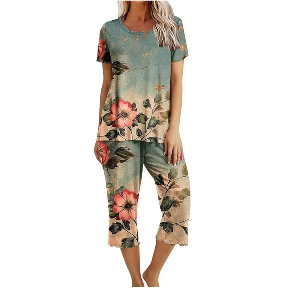 yievot Lounge Sets for Women Floral Printed Short Sleeve Shirts and Capri Pajamas Sets 2 Piece Sleepwear Loungewear