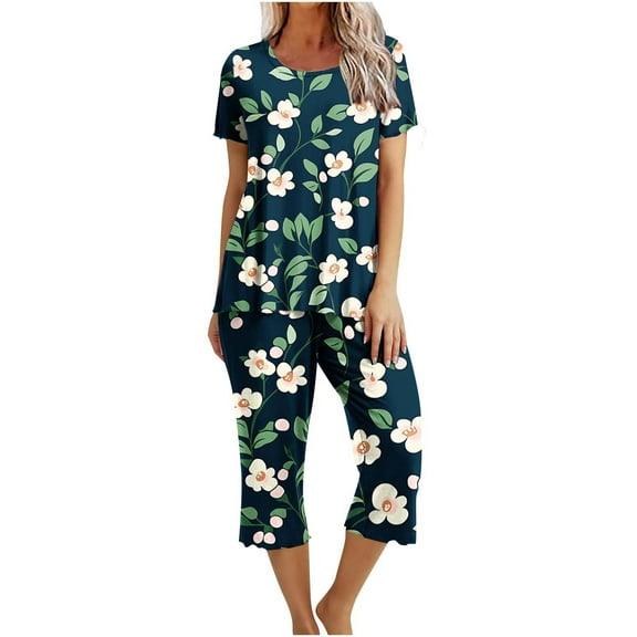yievot Lounge Sets for Women Floral Printed Short Sleeve Shirts and Capri Pajamas Sets 2 Piece Sleepwear Loungewear