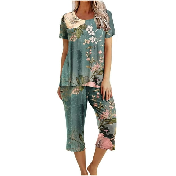 yievot Lounge Sets for Women Floral Printed Short Sleeve Shirts and Capri Pajamas Sets 2 Piece Sleepwear Loungewear