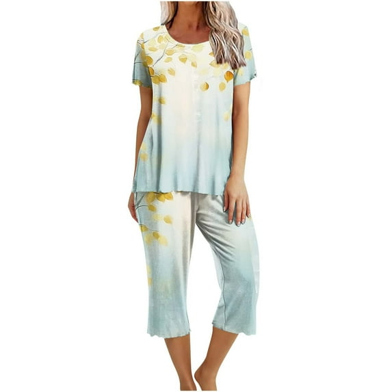 yievot Lounge Sets for Women Floral Printed Short Sleeve Shirts and Capri Pajamas Sets 2 Piece Sleepwear Loungewear