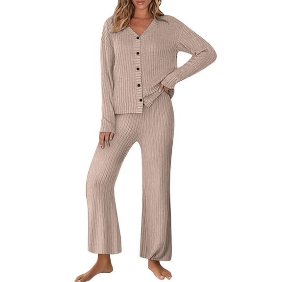 yievot Lounge Sets for Women Long Sleeve Knit Ribbed Pajama Sets 2 Piece Casual Loungewear