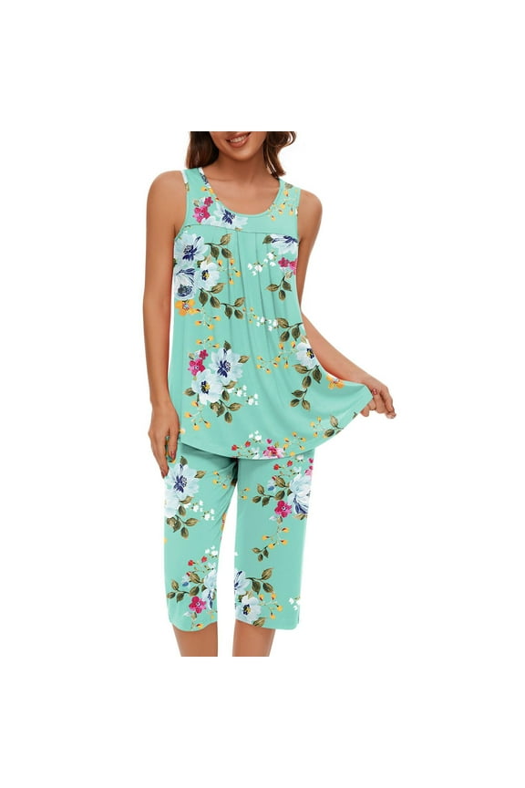Lounge Sets for Women Sleeveless Tank Tops and Capri Pants Loose Pajama Set Loungewear Sleepwear