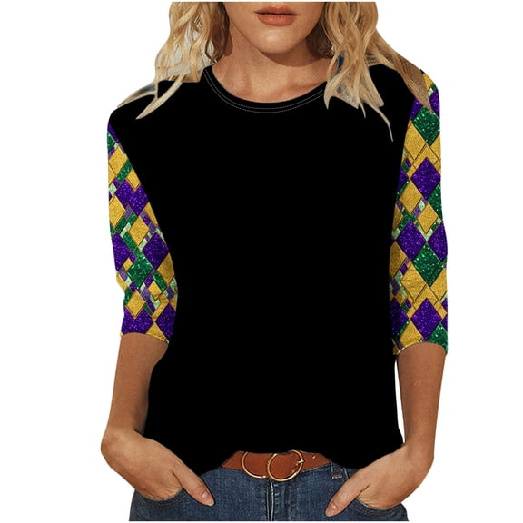 yievot Mardi Gras Shirts for Women Graphic Casual 3/4 Length Sleeve Crewneck Tee Tops Holiday