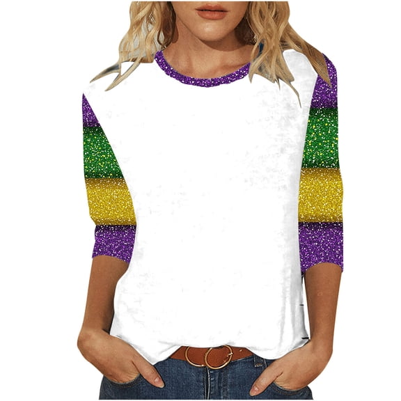 yievot Mardi Gras Shirts for Women Graphic Casual 3/4 Length Sleeve Crewneck Tee Tops Holiday