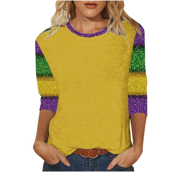 yievot Mardi Gras Shirts for Women Graphic Casual 3/4 Length Sleeve Crewneck Tee Tops Holiday
