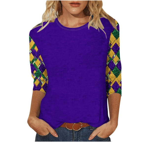 yievot Mardi Gras Shirts for Women Graphic Casual 3/4 Length Sleeve Crewneck Tee Tops Holiday