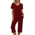 thumbnail image 1 of yievot Pajama Sets for Women Short Sleeve Shirt with Capri Pants Sets Solid Loungewear Sleepwear Pajamas Two Piece Outfits for Women, 1 of 7