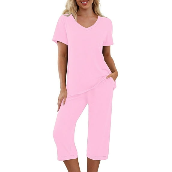 yievot Pajama Sets for Women Short Sleeve Shirt with Capri Pants Sets Solid Loungewear Sleepwear Pajamas Two Piece Outfits for Women