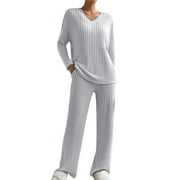 YIEVOT Pajamas for Women Set Ribbed Knitted Long Sleeve Top and Pants Sleepwear Sets Two Piece Loungewear Nightwear