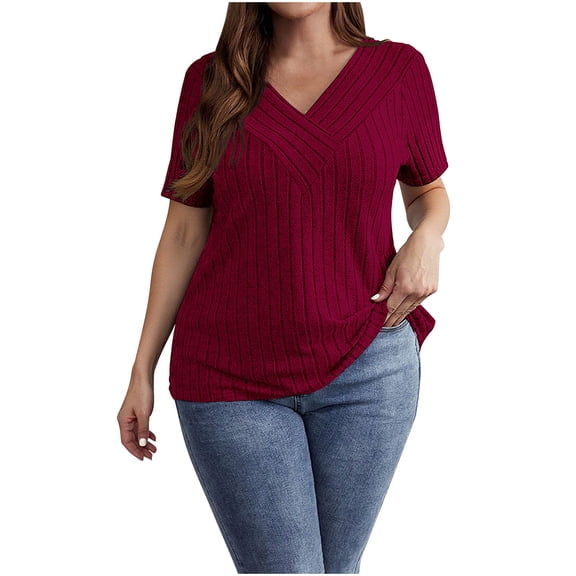 yievot Plus Size Tops for Women Ribbed Knit Dressy Casual Blouses Short Sleeve V Neck Pullover Summer Shirts