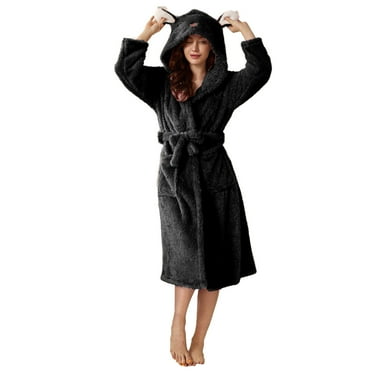 yievot Robes for Women Bathrobe Fuzzy Mid Length Hooded Bath Robe Belted Solid Color Plush Kimono Robe with Pockets Soft Winter Pajamas Loungewear