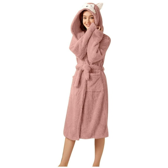 yievot Robes for Women Bathrobe Fuzzy Mid Length Hooded Bath Robe Belted Solid Color Plush Kimono Robe with Pockets Soft Winter Spa Robes