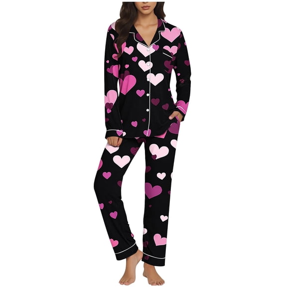 yievot Two Piece Valentines Pajamas for Women Button Down Pjs Valentine Day Sleepwear Notch Collar Heart Print Tops and Pants Loungewear