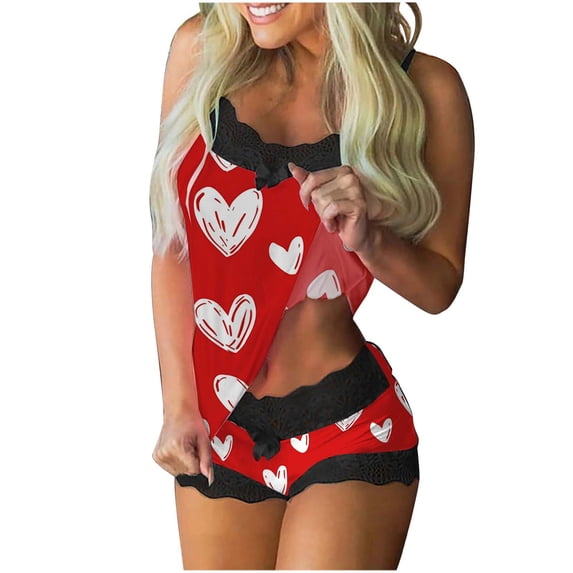 yievot Valentines Pajamas for Women Cami Pjs Valentine Day Sleepwear Heart Print Tops and Shorts Set Loungewear