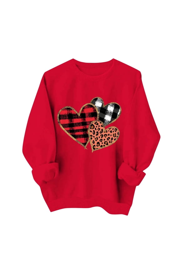 Valentines Sweatshirt Women Crew Neck Heart Printed Shirts Casual Lightweight Long Sleeve Pullover Top, Red