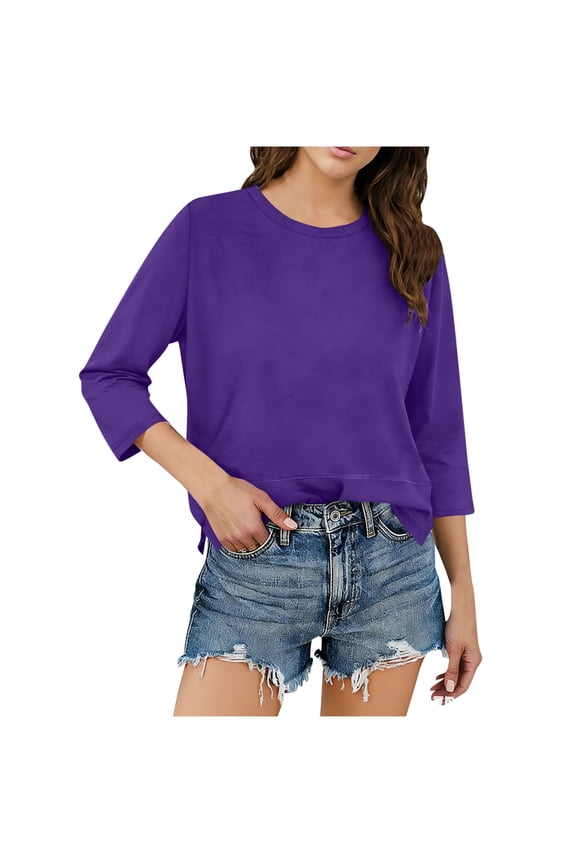 Women 3/4 Length Sleeve Tops Side Split Crew Neck Shirts Casual Spring Summer Basic T-Shirt