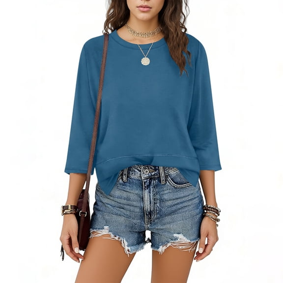yievot Women 3/4 Length Sleeve Tops Side Split Crew Neck Shirts Casual Spring Summer Basic T-Shirt