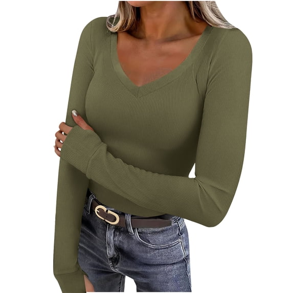 yievot Women Long Sleeve Shirts Rib Knit Slim Fit Tops Basic Tee Casual T-Shirt