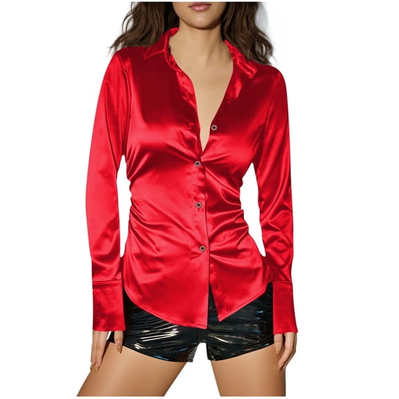 yievot Women Satin Silk Button Down Shirt Long Sleeve Tops V Neck Loose Blouse Dressy Casual