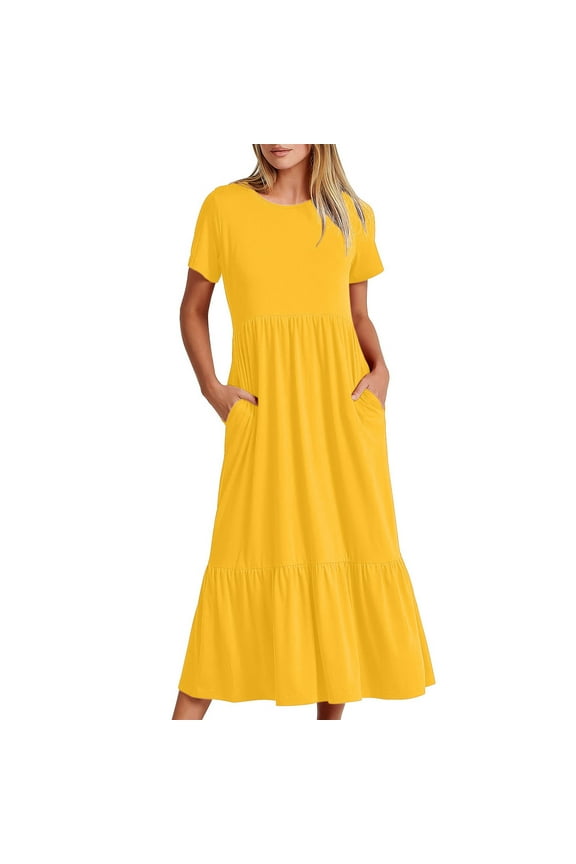 Women Short Sleeve Dress Loose Plain Casual Summer Flowy Tiered Long Maxi Dresses with Pockets Basic Swing T Shirt Dress