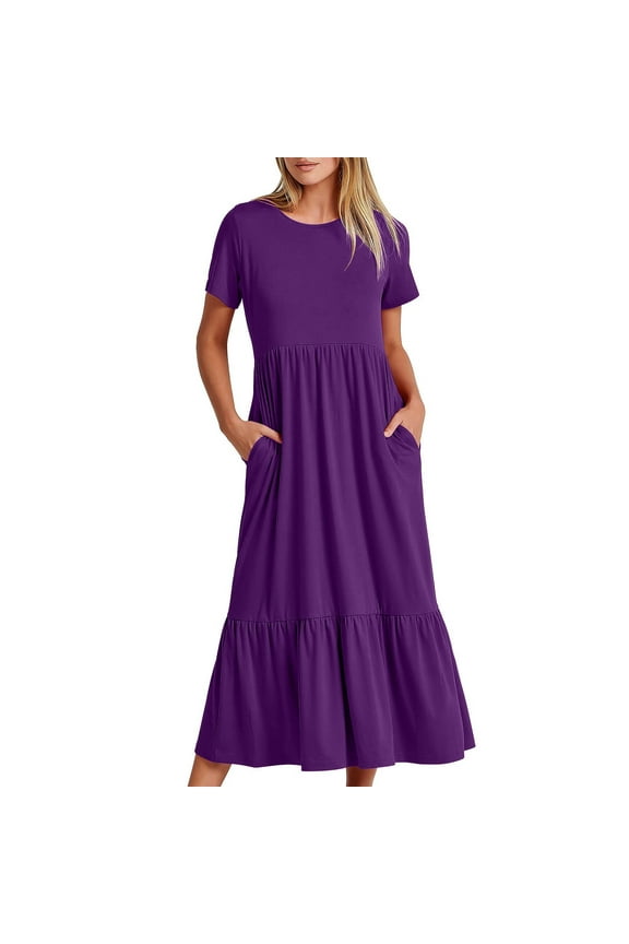 Women Short Sleeve Dress Loose Plain Casual Summer Flowy Tiered Long Maxi Dresses with Pockets Basic Swing T Shirt Dress