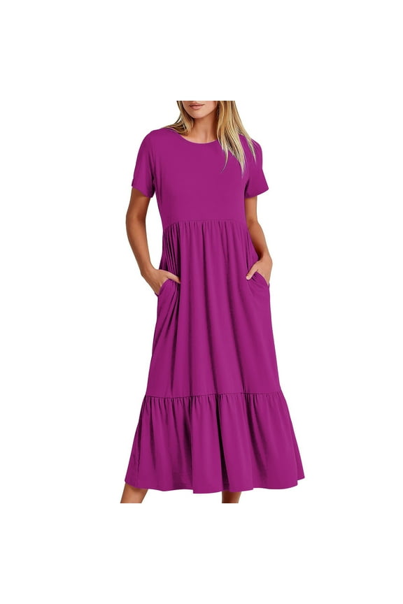 Women Short Sleeve Dress Loose Plain Casual Summer Flowy Tiered Long Maxi Dresses with Pockets Basic Swing T Shirt Dress