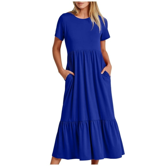 yievot Women Short Sleeve Dress Loose Plain Casual Summer Flowy Tiered Long Maxi Dresses with Pockets Basic Swing T Shirt Dress